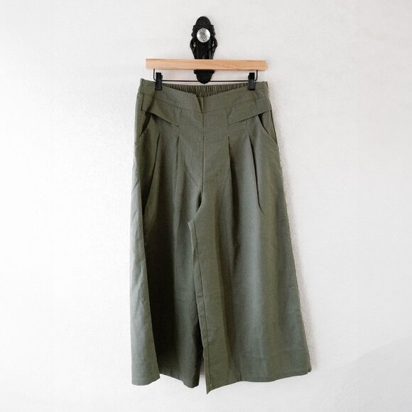 Gihuo Green Linen Blend Culottes Pants Size XL Wide Leg Palazzo Pockets - Picture 1 of 7